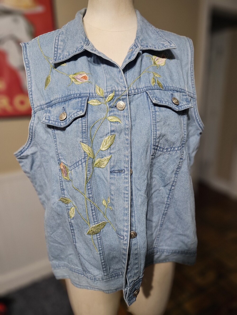 VTG 80s Casey And Max Denim Embroidered Vest Large